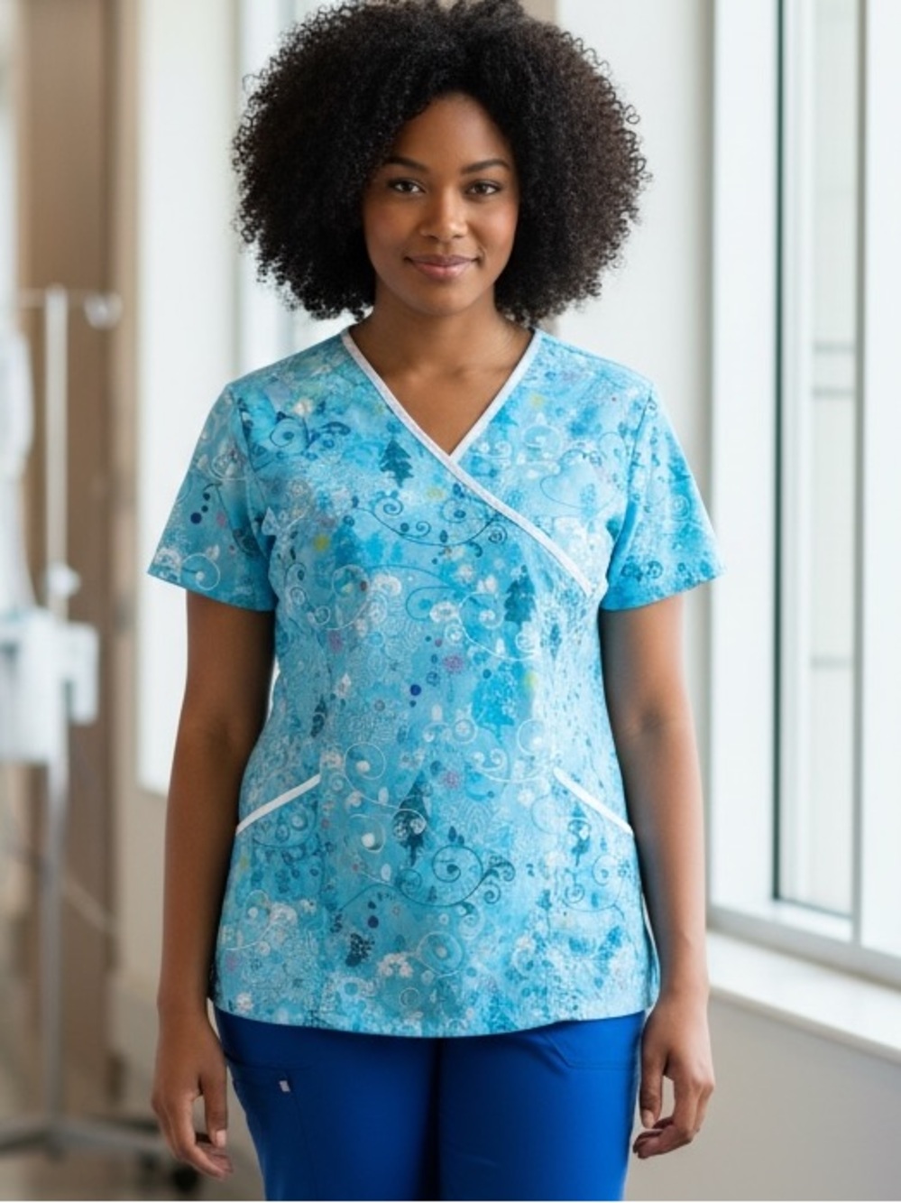 SB  Blue White Trim Short Sleeve Scrub Top